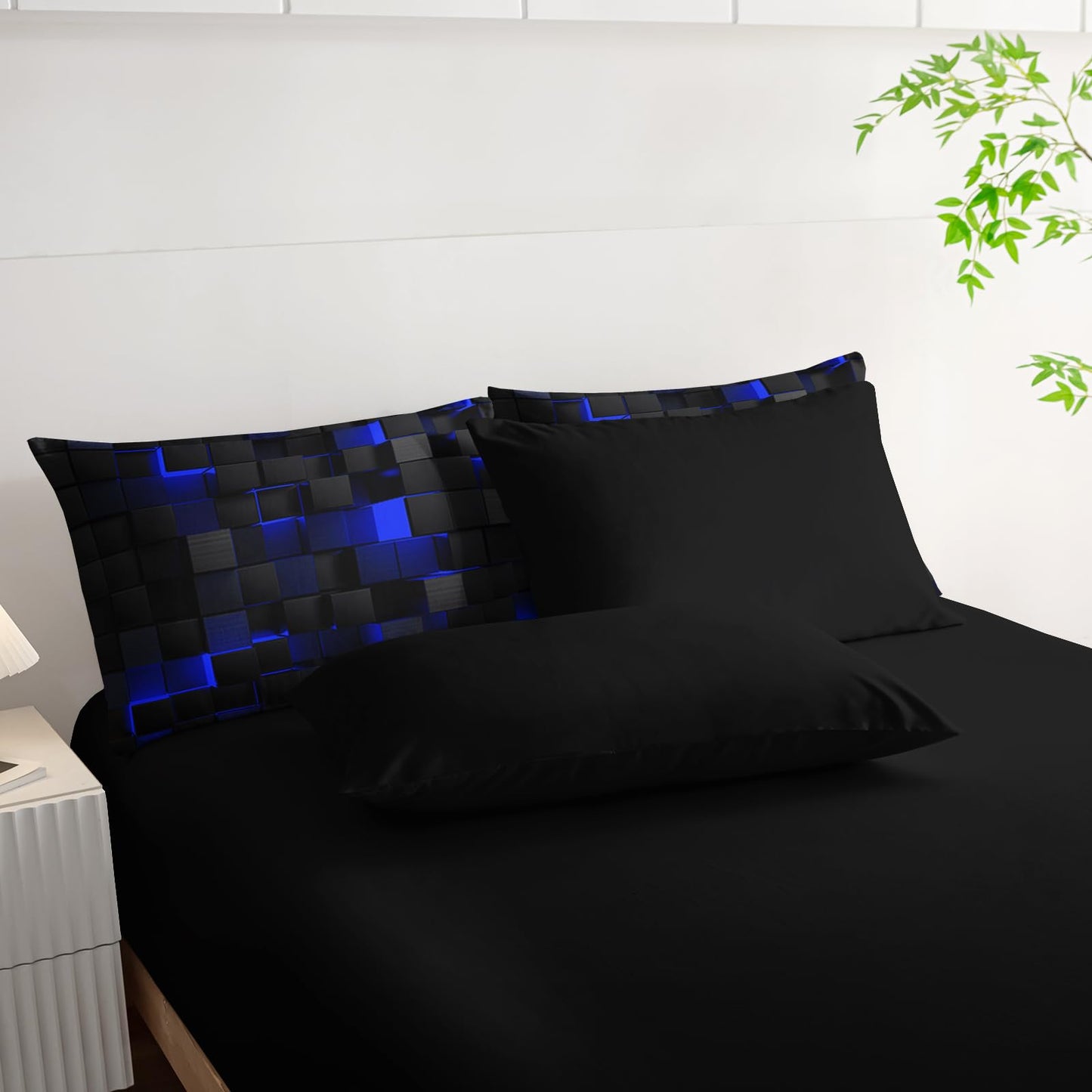 Nttopship Geometric Blue Black King Comforter Set,Light Honeycomb Bedding Set 7 Piece in A Bag,Bed Sheet Set Geometry Decor,Microfiber Lightweight All Season