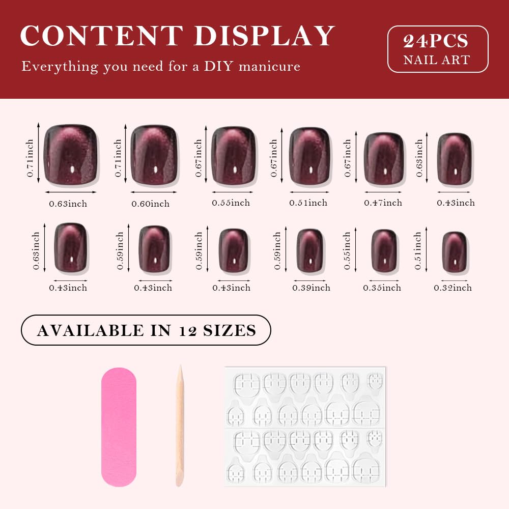 evpct Wine Red Cat Eye Extra Short Press on Nails Square No Glue, Petite Short Square Stick on Nails for Women, Black Wine Red Metallic Glitter Glossy Reusable Press on Acrylic Fake Nail with Designs