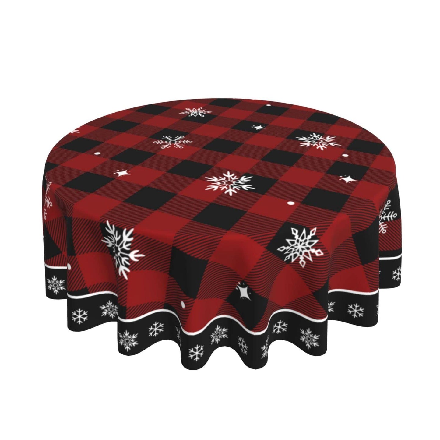 Christmas Tablecloth, Red Black Buffalo Plaid Round Tablecloth 60 Inch, Winter Snowflake Table Cloth for Rustic Farmhouse Kitchen Decor, Xmas Holiday Outdoor Wipeable Polyester Fabric Table Cover