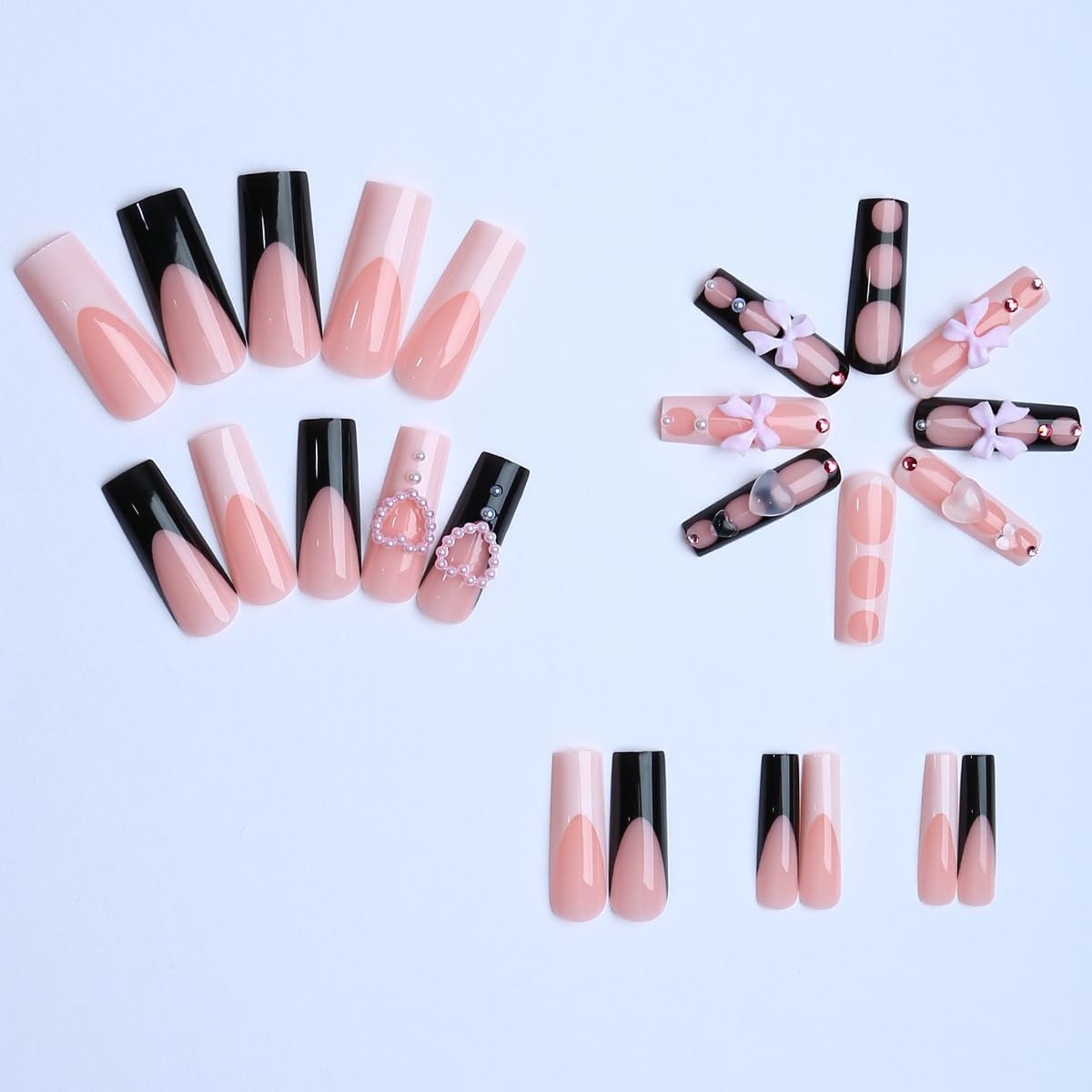plalely Square Press on Nails Long Black and White Fake Nail Pink Bow with Heart Shape Water Drop Acrylic Nail Press ons Glossy Rhinestones Stick on Nail for Women 24pcs