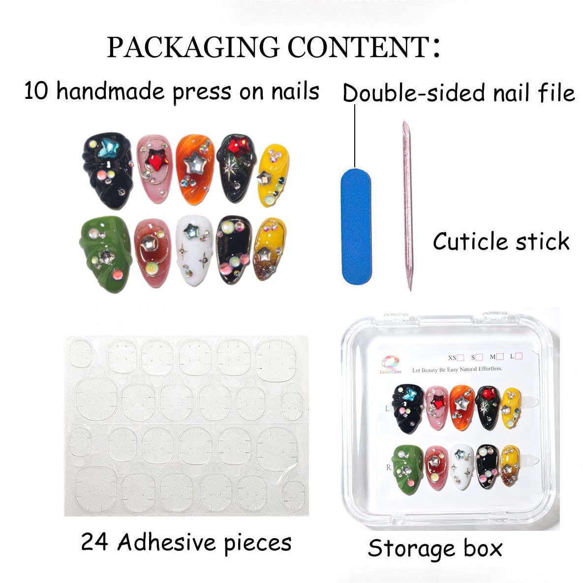 EasierGlow 10 Pcs Handmade Short Almond Press On Nails - Easy Apply & Remove, Reusable & Salon Quality | Y2K Gothic Multicolor Fake Nails with 3D Star, Gemstone & Swirl Sculpted Accents (EG01, S)