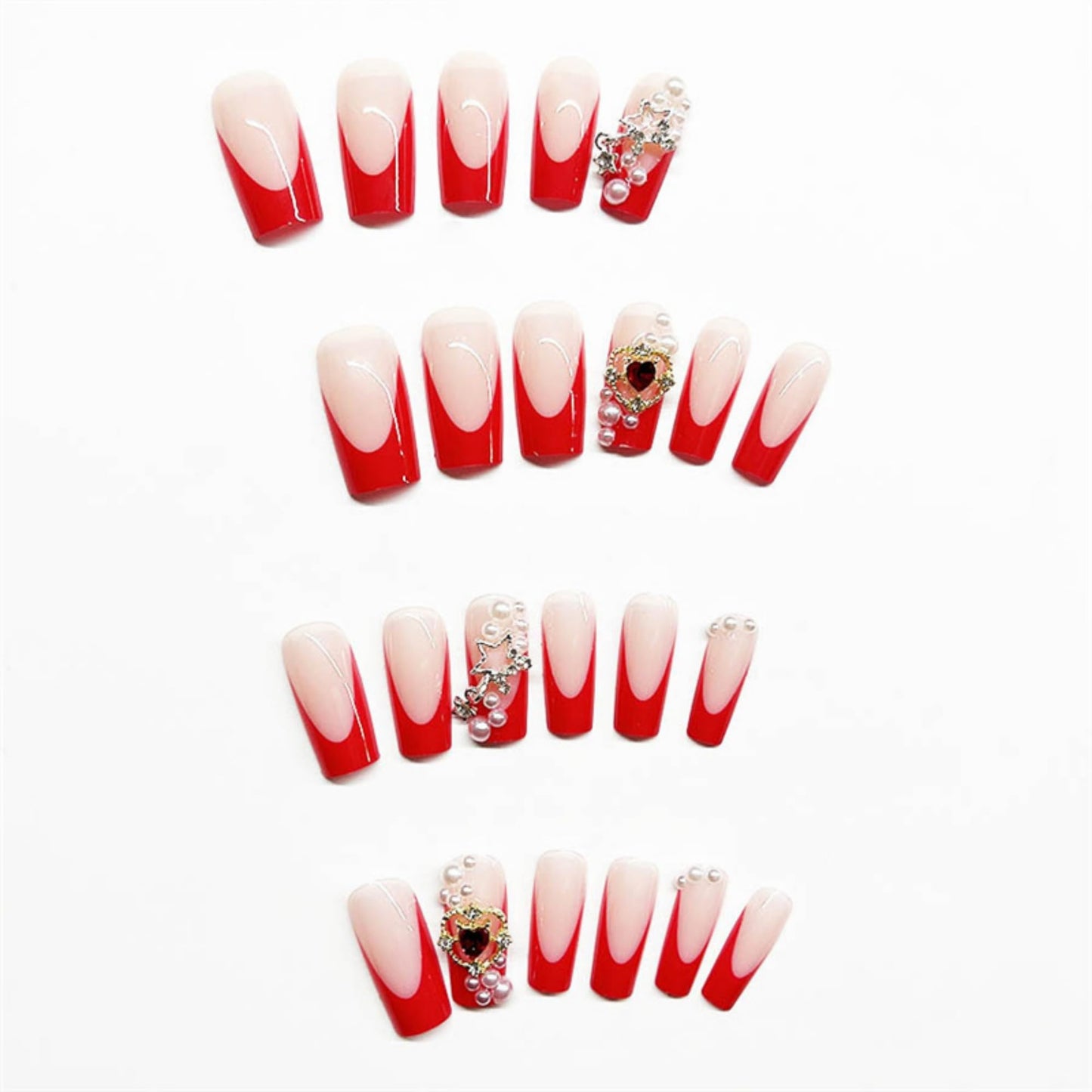 Long Press on Nails Square Fake Nails Red Artificial Nail Pearl and Silver Stars Designs Heart Stick on Nail for Women 24pcs