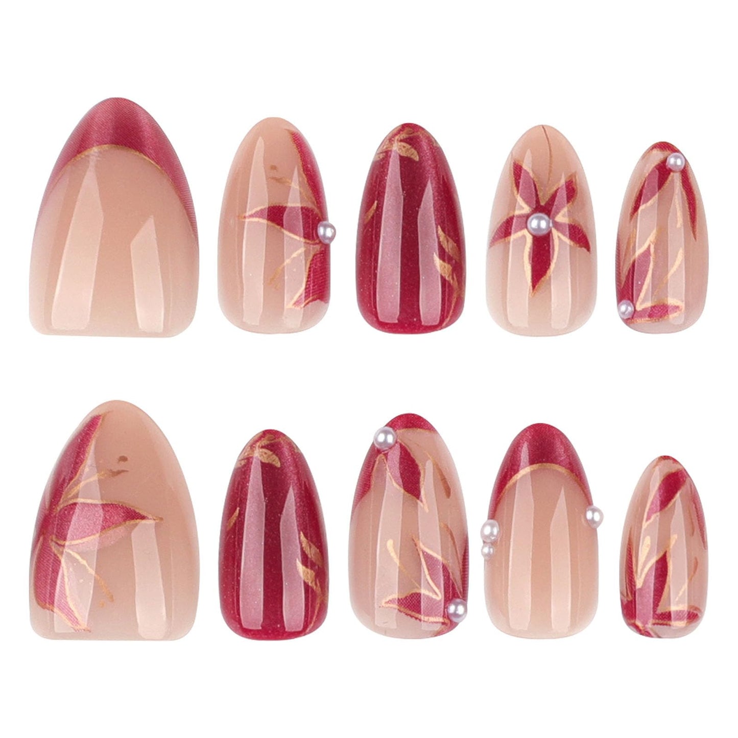 Short Press on Nails Almond Flower Red Cat Eye Acrylic Fake Nails with 3D Pearls Gold Leaf Floral Design Full Cover Reusable French Tip Glue on False Nail for Women 24 Pcs
