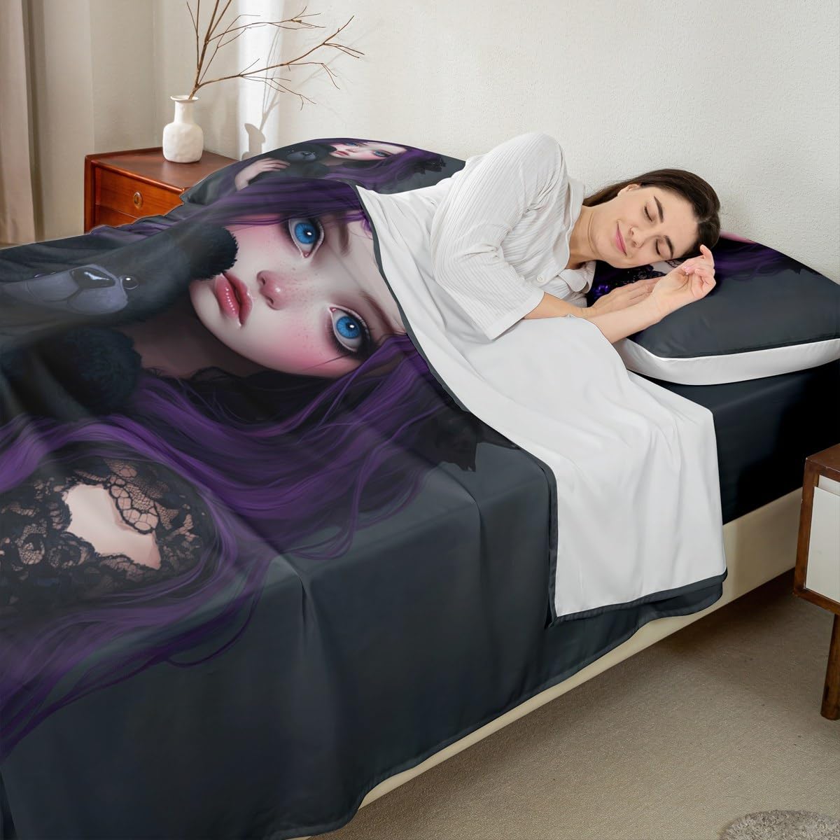 Erosebridal Anime Girl Bed Sheets Set Full for Kids, Kawaii Girl Flat Fitted Sheet Japanese Style Bedding Sets for Girls Adult Japanese Animation Bedding Sets for Bedroom Decor 2 Pillow Cases