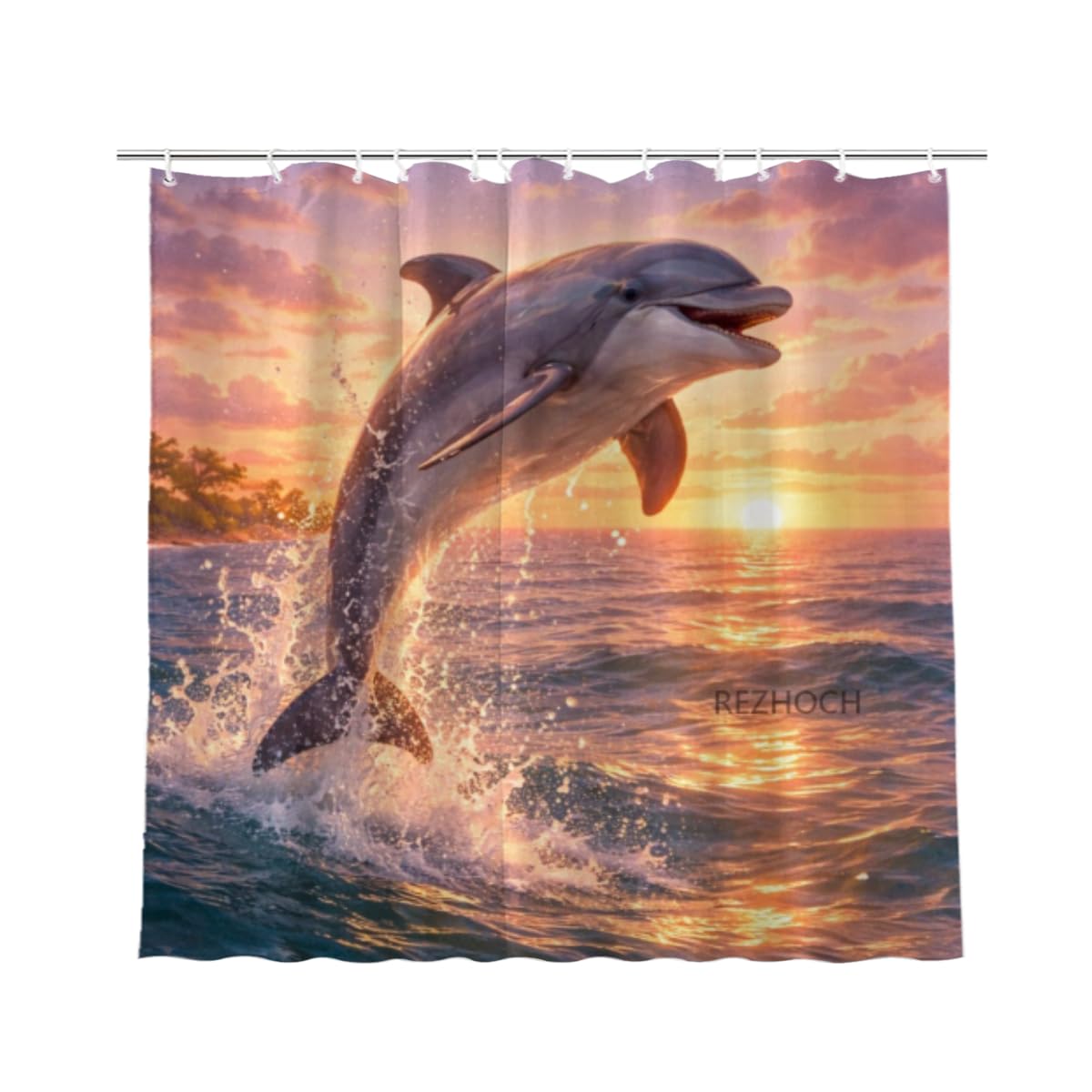 REZHOCH Coastal Funny Dolphin Shower Curtain 72x72 Inch,Cute Animal Sunset Beach Flowers Ocean Seaside Home Bathroom Decor Fabric Waterproof Bath Bathtub Set with 12 Hooks