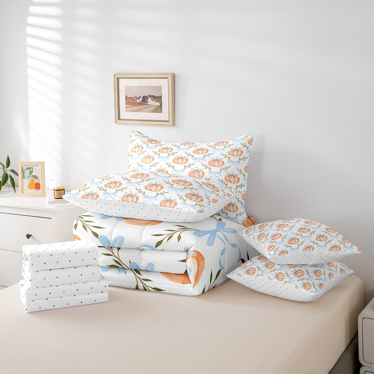 7 Pieces Bow Pumpkin Comforter Set Full Size,Blue Bowknot Lines Bedding Sets Kids Girls Boys Women Palm Leaves Plaid Autumn Plants Quilt + Fitted & Flat Sheets + 2 Cushion Cover + 2 Pillowcases