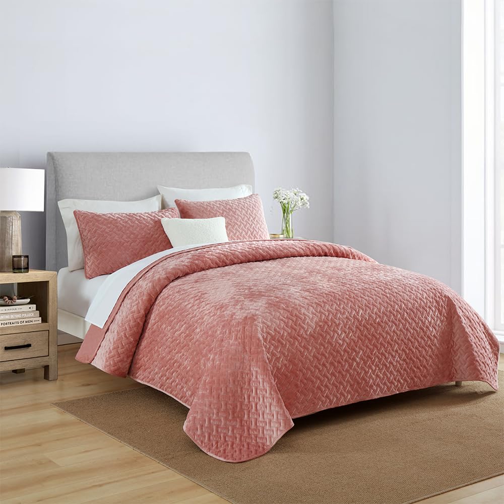 Liians Velvet Bedspread Quilt Bedding Sets,Luxury Soft Velvet Comforters Coverlet Blankets,Weave Stitching Pattern Cotton Quilted Bedspread for All Seasons, Pink,King Size
