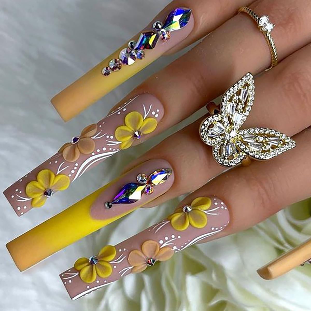 Long Press Coffin False Nails with Yellow Ombre Design Full Cover Glue on Rhinestones Stick on Acrylic Artificial Nails for Women Manicure 24Pcs