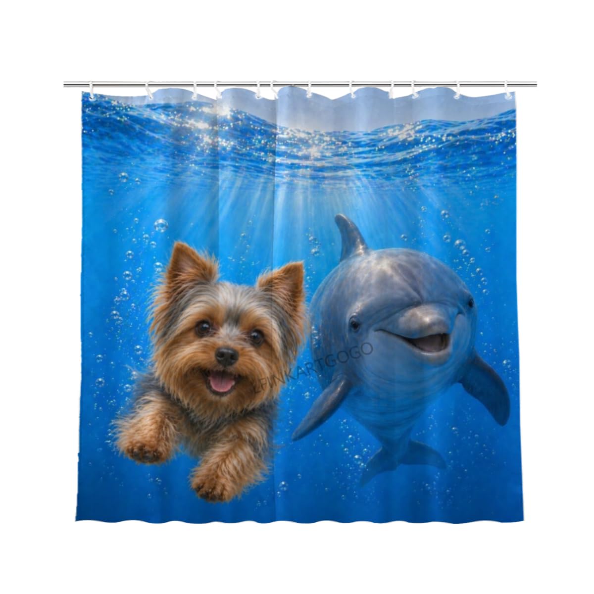 LFINKARTGOGO Ocean Yorkshire Terrier Shower Curtain 72x72 with 12 Hooks Underwater Animal Dolphin Waterproof Washable Polyester Bath Curtain for Home Hotel Decor