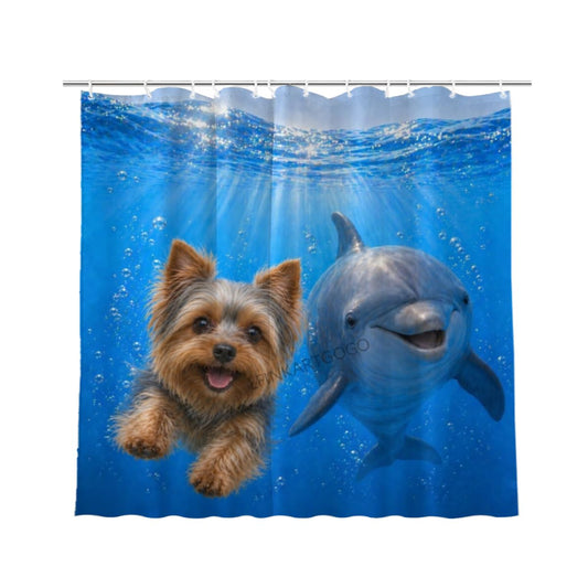 LFINKARTGOGO Ocean Yorkshire Terrier Shower Curtain 72x72 with 12 Hooks Underwater Animal Dolphin Waterproof Washable Polyester Bath Curtain for Home Hotel Decor