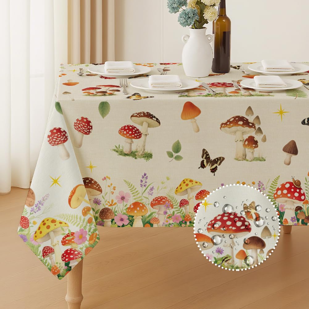 ANATTASOUL Mushroom and Flower Rectangle Table Cloth Waterproof 6ft Fall Spring Summer Tablecloth, 84"x60" Stain Resistant and Wrinkle Free Table Cover for Dining Party Buffet Camping Wedding
