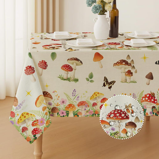 ANATTASOUL Mushroom and Flower Rectangle Table Cloth Waterproof 6ft Fall Spring Summer Tablecloth, 84"x60" Stain Resistant and Wrinkle Free Table Cover for Dining Party Buffet Camping Wedding