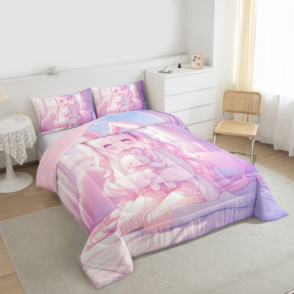 Erosebridal Romance Girly Comforter Set for Kids Boys Girls Anime Girl Bedding Japanese Girl Duvet Set Cute Cartoon Bear Comforter Twin with 1 Pillowcase