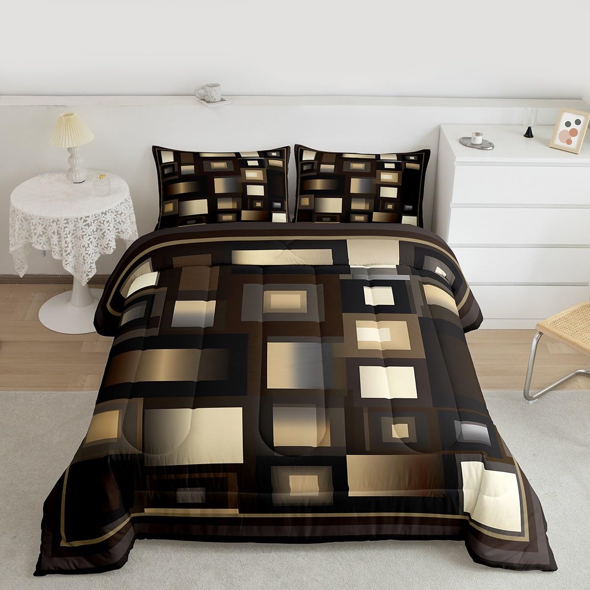 Castle Fairy Modern Comforter Set Queen Size,Brown White Khaki Square Bedding Set for Kids Boys Girls Bedroom Decoration,Abstract Grid Art Bed Duvet Insert,Geometric Comforter with 2 Pillowcase