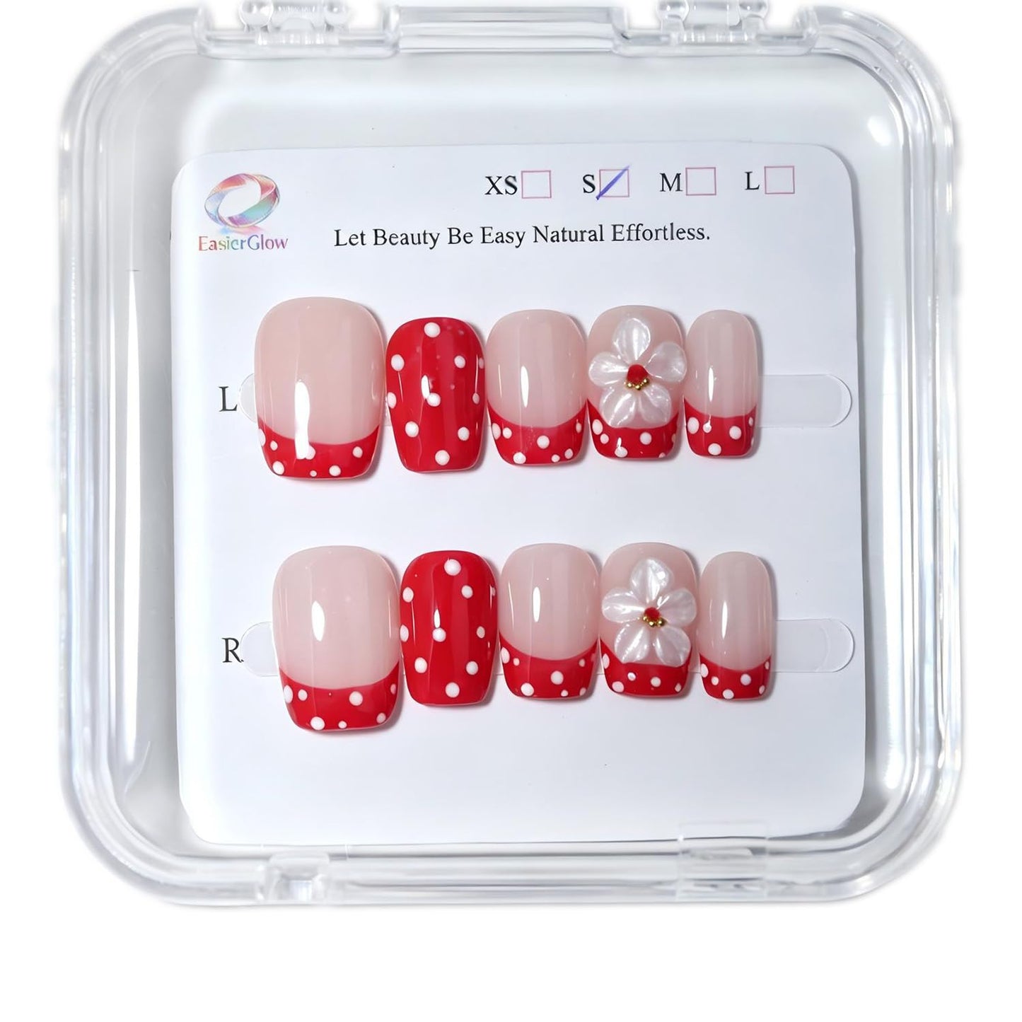 EasierGlow 10Pcs Handmade Short Square Press On Nails | Easy Apply & Remove, Reusable Salon Quality Nails | Nude Red Polka Dot French Press Ons with 3D White Flower & Gold Bead Accents (Y209, S)