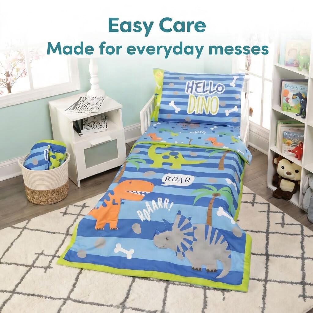 EVERYDAY KIDS 4 Piece Toddler Bedding Set – Roaring Dinosaurs - Includes Comforter, Flat Sheet, Fitted Sheet and Reversible Pillowcase – Boys Toddler Bedding