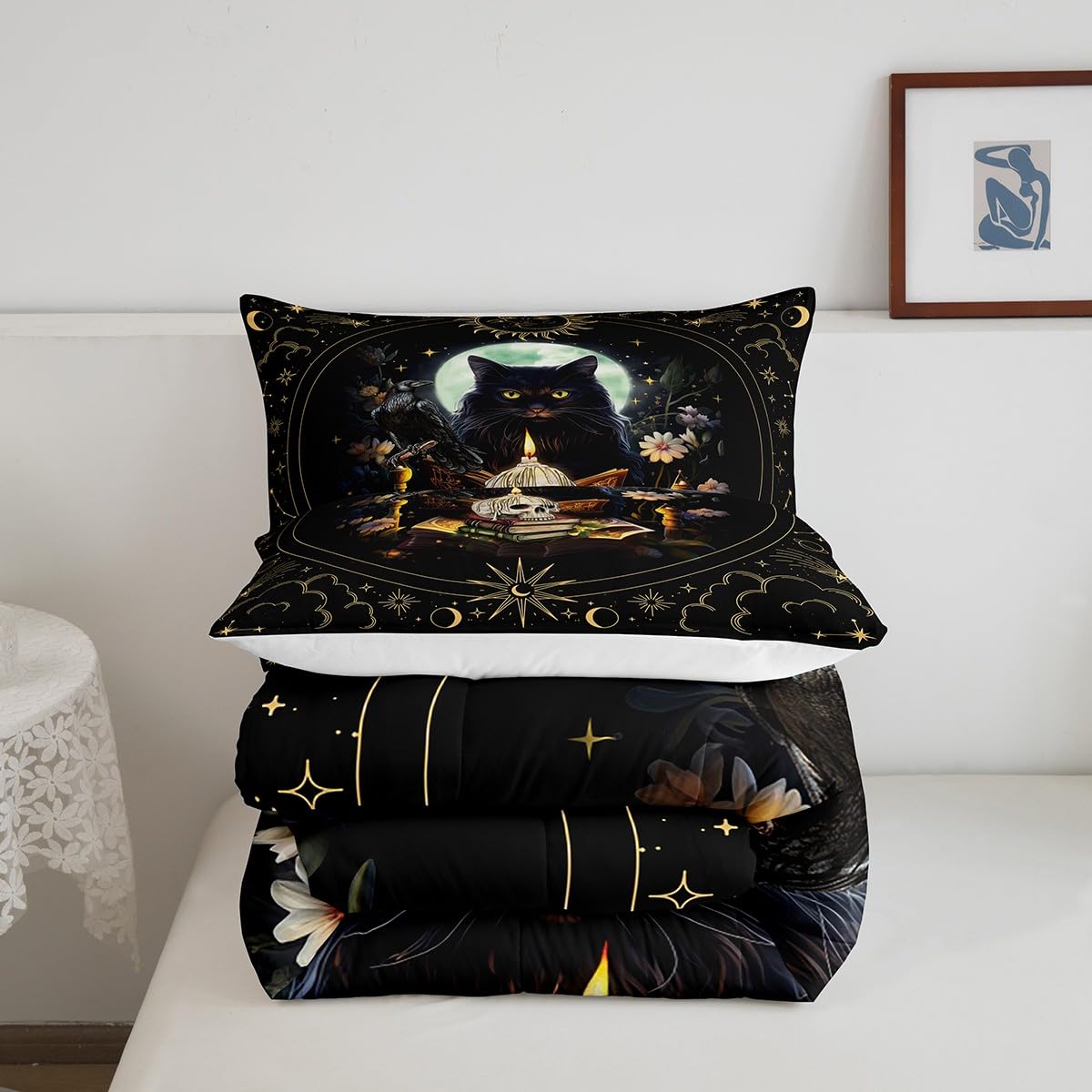 Trippy Cat Comforter Set Queen Size,Sun and Moon Kids Bedding Set Gothic Sugar Skull Crow Print Quilt Set for Girls Boys Adult Room Decor,Exotic Daisy Floral Duvet Insert,2 Pillowcases,Black