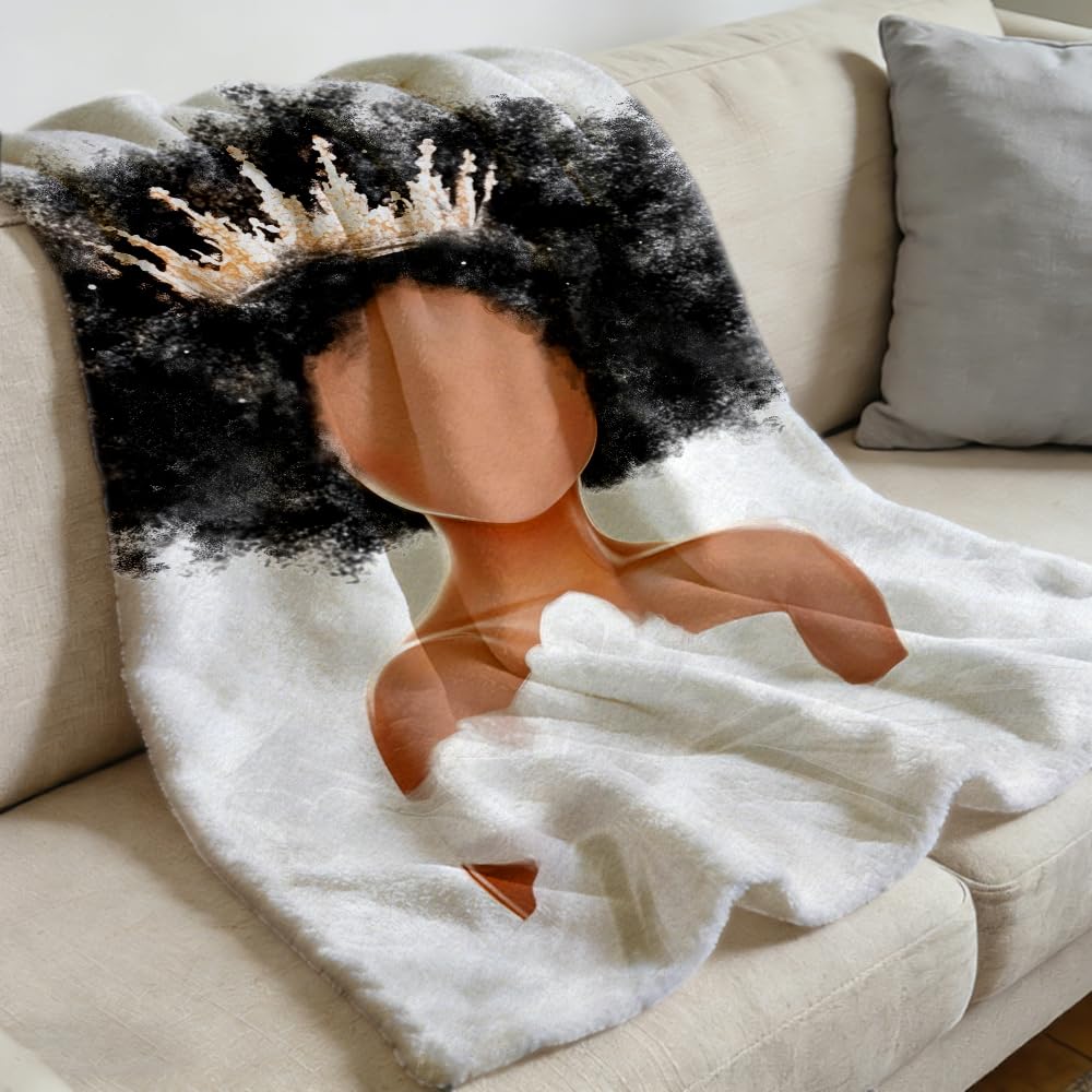 ZHOUSHUTONG Black Woman Crown Throw Blanket African Queen Flannel Blankets Golden Crown Plush Throw Black Girl Empowering Print Throws for Living Room Bedroom Lounging Home Decor 49"x59"