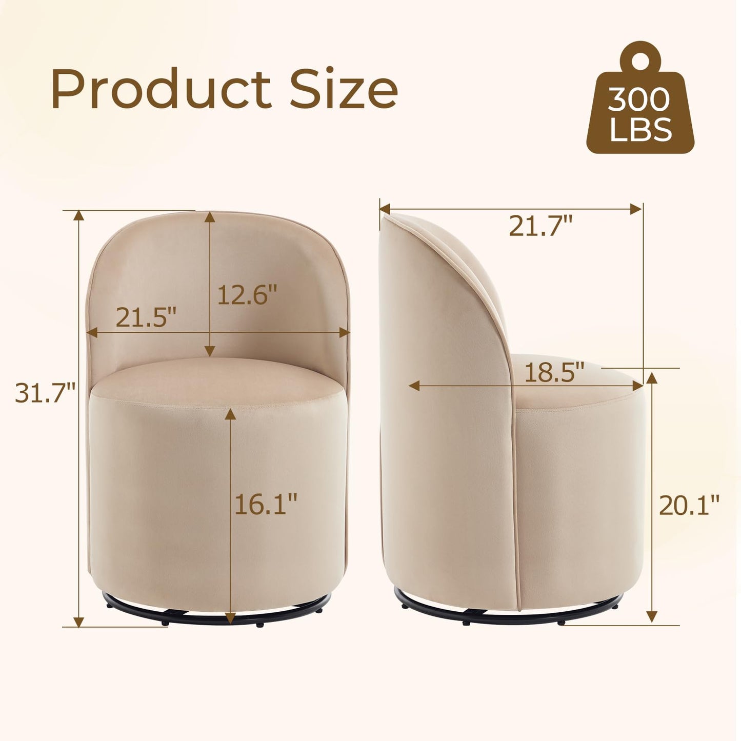 Orirsnug Modern Swivel Dining Chair Set of 1，Velvet Upholstered Swivel Barrel Chair with 360° Rotation, Comfy Round Armless Accent Vanity Side Chair for Kitchen/Dining Living Room/Bedroom, Khaki