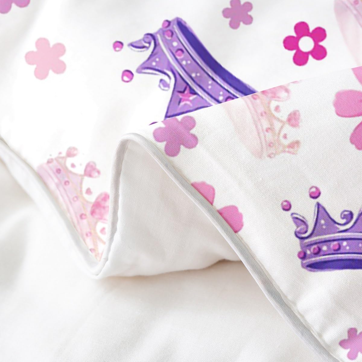 Manfei Princess 100% Cotton Duvet Cover Set Twin Size, Pink Purple Crown Print Bedding Set 2pcs, Cute Flower Girly Cartoon Quilt Cover, Kids Girls Room Decor, 1 Pillowcase,No Comforter