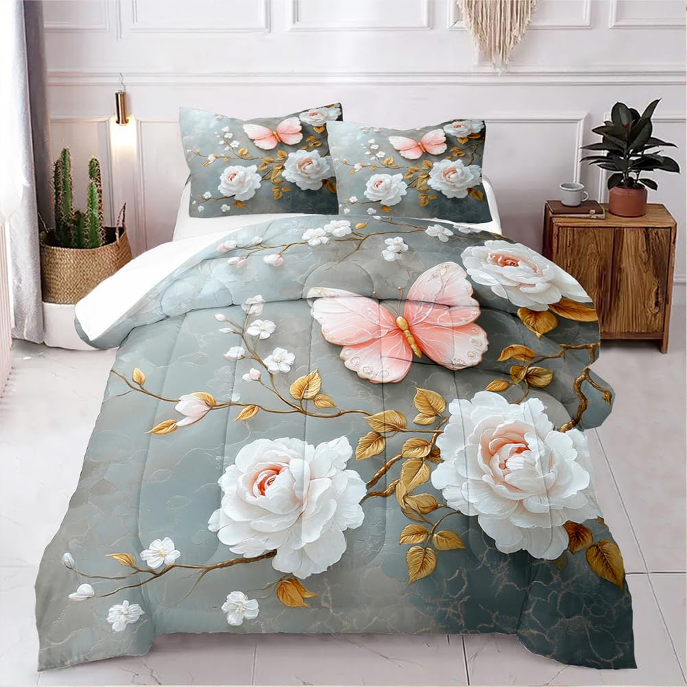 CCoutueChen Floral Butterfly Comforter Set Queen White Flower Pink Butterflies on Gray Marble Bedding Set for Women Men Modern Aesthetic Bedding Soft Lightweight 90x90 Comforter with 2 Pillowcases
