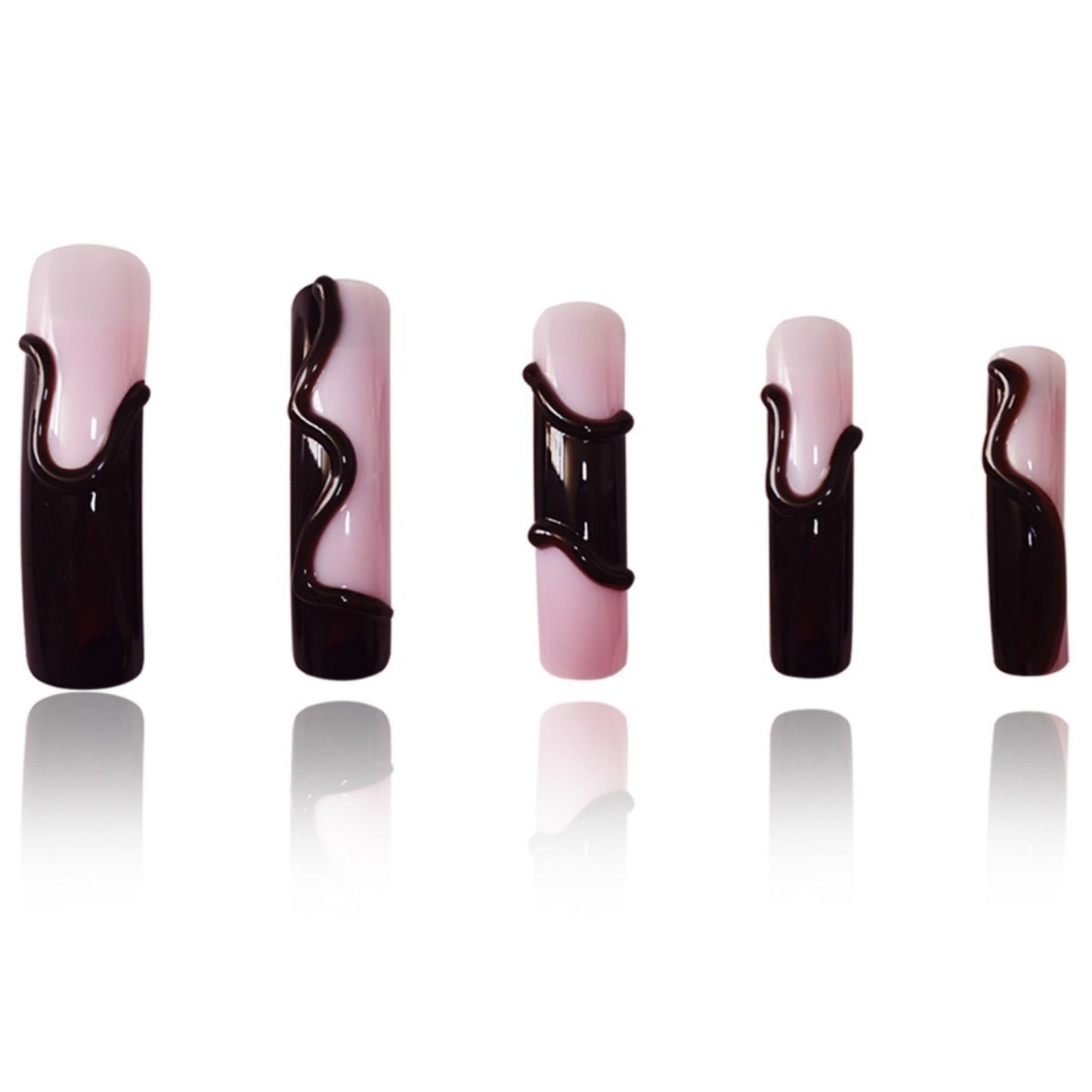 Curved Press on Nails Extra Long Fake Nails Pink Artificial Nail Black Charm Designs Stick on Nail 20pcs
