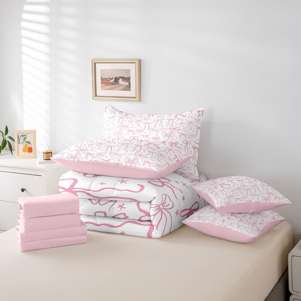 Pink Bowknot Kids Girls 7Pcs Comforter Set Full Size,Cartoon Hand Drawn Stars Love Bow Fitted Flat Sheet,Sweet Princess Style Bedding Set for Teens Woman Room Decor,Dreamy Pink White 4 Pillow Cover