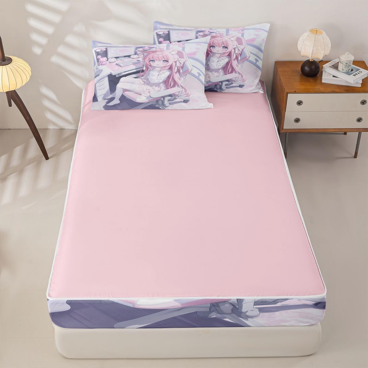 Erosebridal Kawaii E-Sports Girl Kids Comforter Set with Zipper, 3D Japanese Girl Twin Size Zipper Bedding Set, Girly Gaming Bed-in-A-Bag