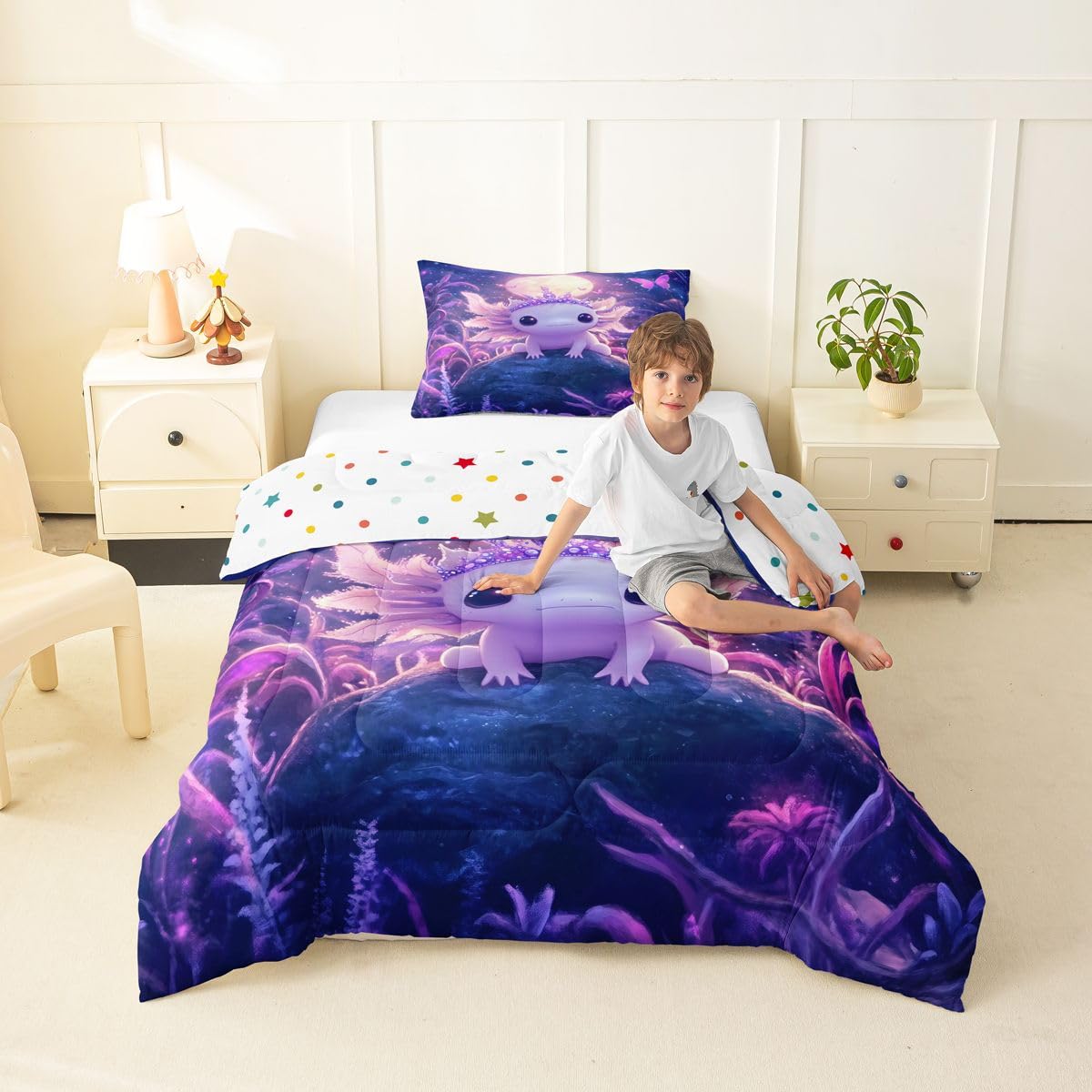 Manfei Salamander Kids Comforter Toddler Size,Cute Axolot Starry Sky Pattern Quilt Set for Kids Boys Girls Bedroom Decor,Galaxy Fantasy Cartoon Style Bedding Set,Purple Duvet Insert,1 Pillowcase