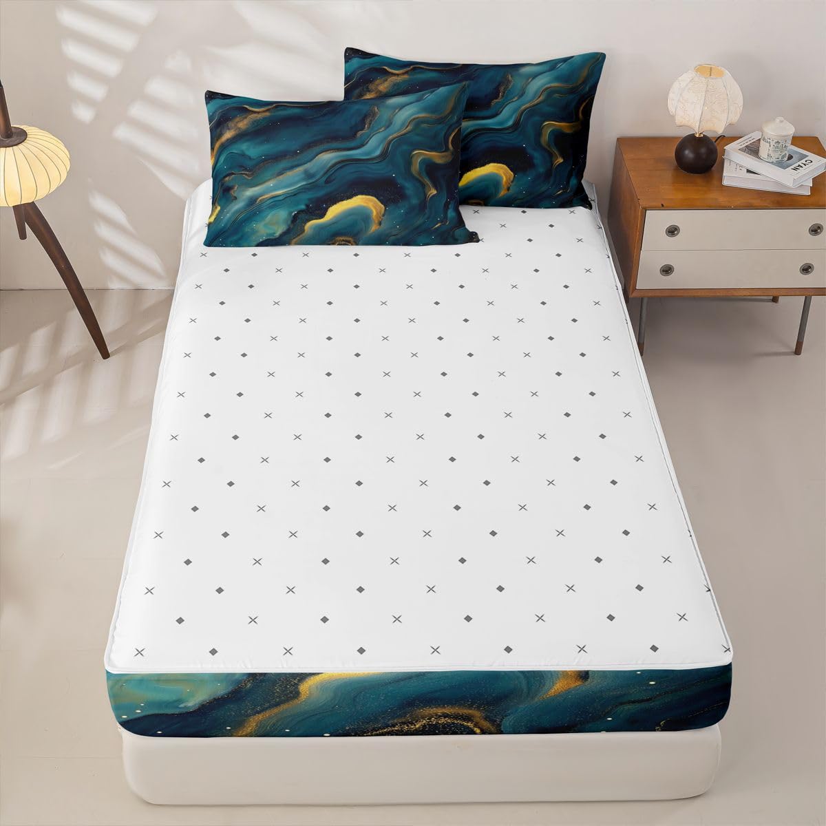 jejeloiu Blue Marble Print Zipper Bedding Twin Abstract Bedding Sets for Kids Boys Girls Deep Ocean Wave Texture Comforter Set with Fitted Sheet 2 Pillowcases One Zipper Bed Set for All Seasons