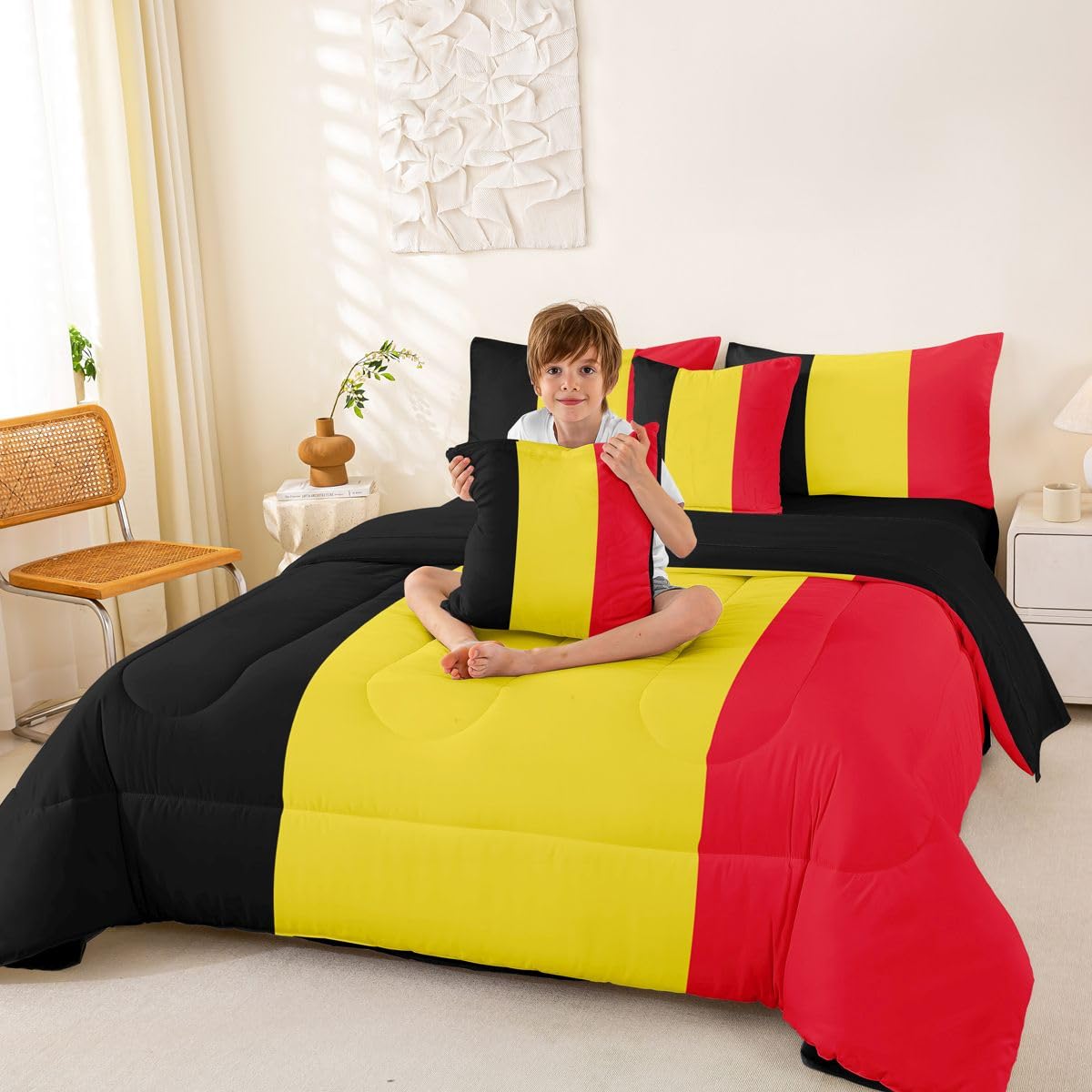 Feelyou Belgian Flag Comforter Set with Sheets 7 Piece King Size Belgium Bedding Set for Kids Boys Girls World Countries Bed in a Bag International Flag Room Decor Soft Lightweight Microfiber