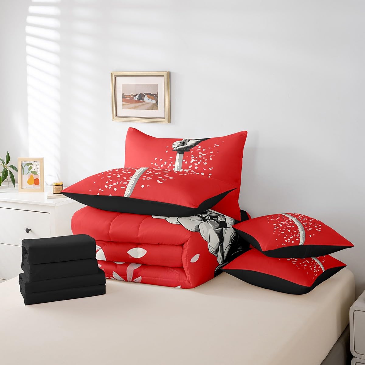 Erosebridal Samurai Sword Comforter Set Twin,Cherry Blossom Bedding Set 7Pcs for Kids Boys Men,Red White Flower Floral Bed in a Bag