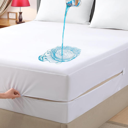 Parkdeny Twin XL Waterproof Mattress Encasement, Zippered Dorm Mattress Protector, Breathable Microfiber Bed Cover, Noiseless Liquid Proof Six Sided Shield Fits 5 to 13 Inch Deep Mattress, White