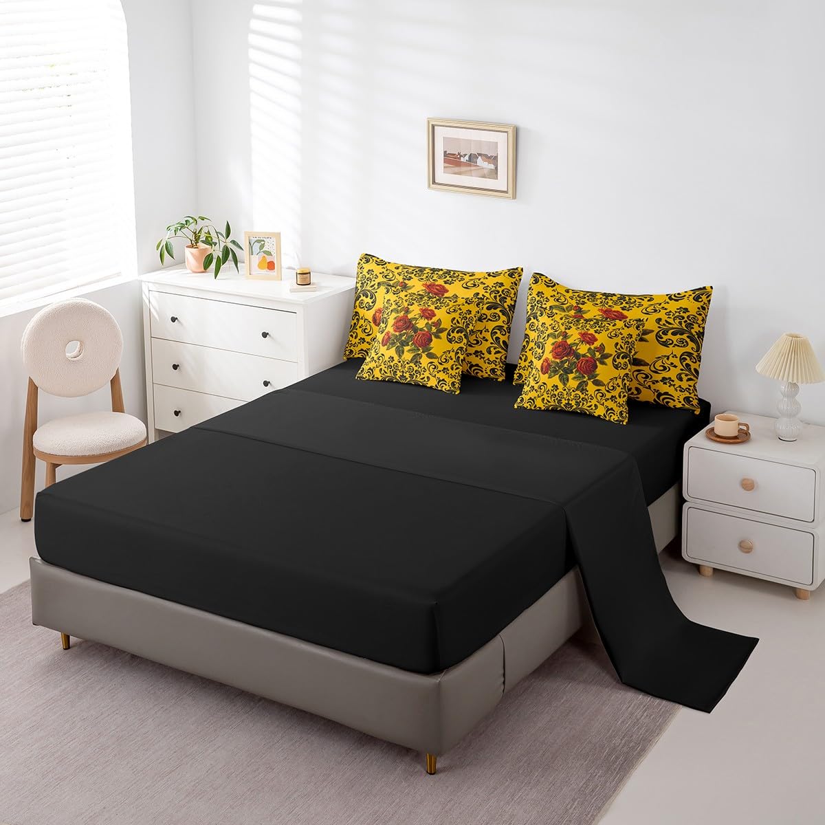 Erosebridal Gothic Roses Bed in A Bag 7 Piece Queen Rose Floral Boho Comforter Set with Sheets Retro Black Damask Rose Flower Bedding Set for Kids Adults Romantic Aesthetics Bed Set Yellow Black
