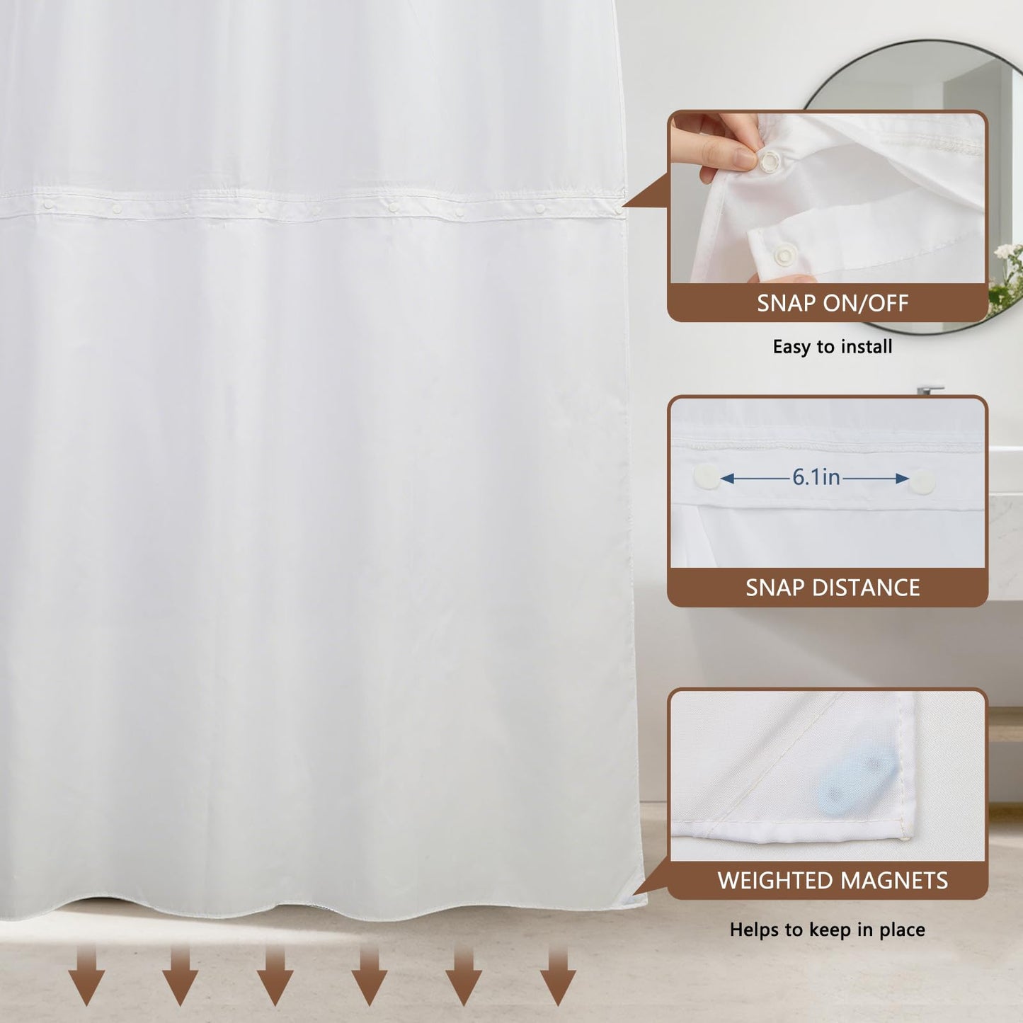 NAEMBCU No Hook Waffle Shower Curtain with Snap in Liner 71x74 Inch