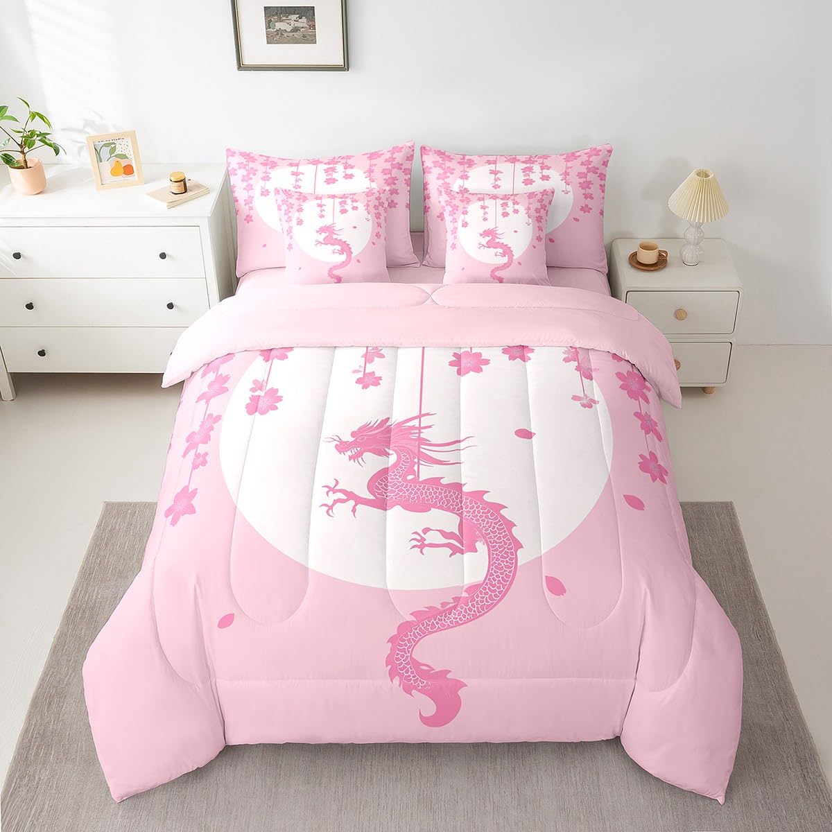 Erosebridal Pink White Kawaii Bedding Set for Kids Girls Teen Women,Fantasy Animal Dragon King Comforter Set 7 Piece Magical Wildlife Bed in A Bag Aesthetic Romantic Cherry Blossom Bed Set