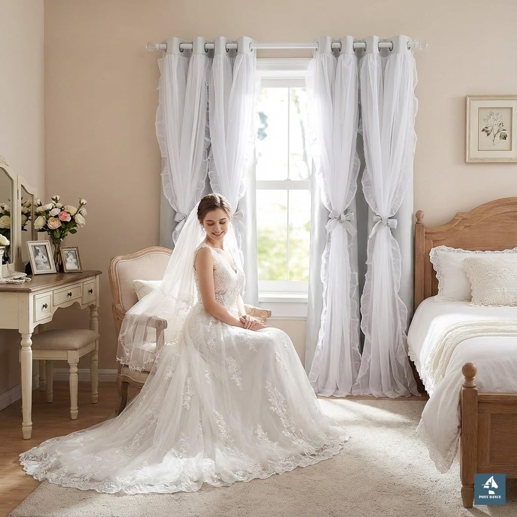 PONY DANCE Shabby Chic Curtains for Bedroom Double Layer White Ruffle Sheer Overlay with Tiebacks French Country Drapes for Bedroom Decor, 52" W x 84" L, Greyish White, 2 Pieces