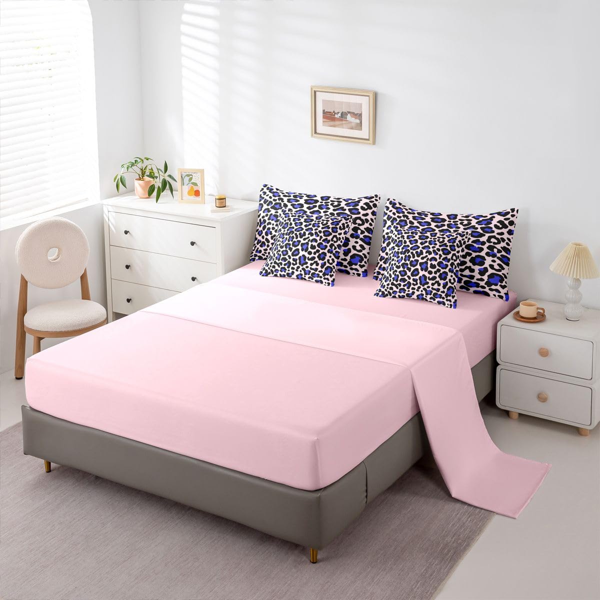 Erosebridal Cheetah Print Comforter Set King Size for Boys Pink Leopard Print Bedding Set 7 Piece Cat Panthera Animal Skin Bed in A Bag for Kids Teens Youth Women Room African Safari Wildlife Sheets