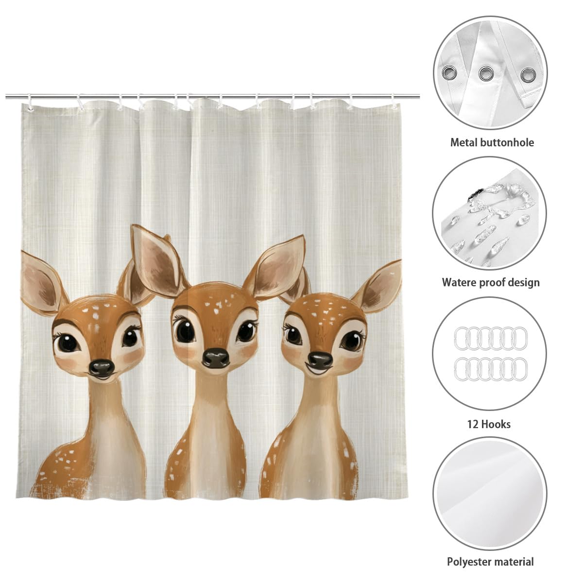 KEEPAEON Funny Deer Bath Shower Curtain, Bathroom Curtain Washable Cloth Kids Shower Curtain Sets with 12 Hooks for Bathroom Decor, 72"x72"