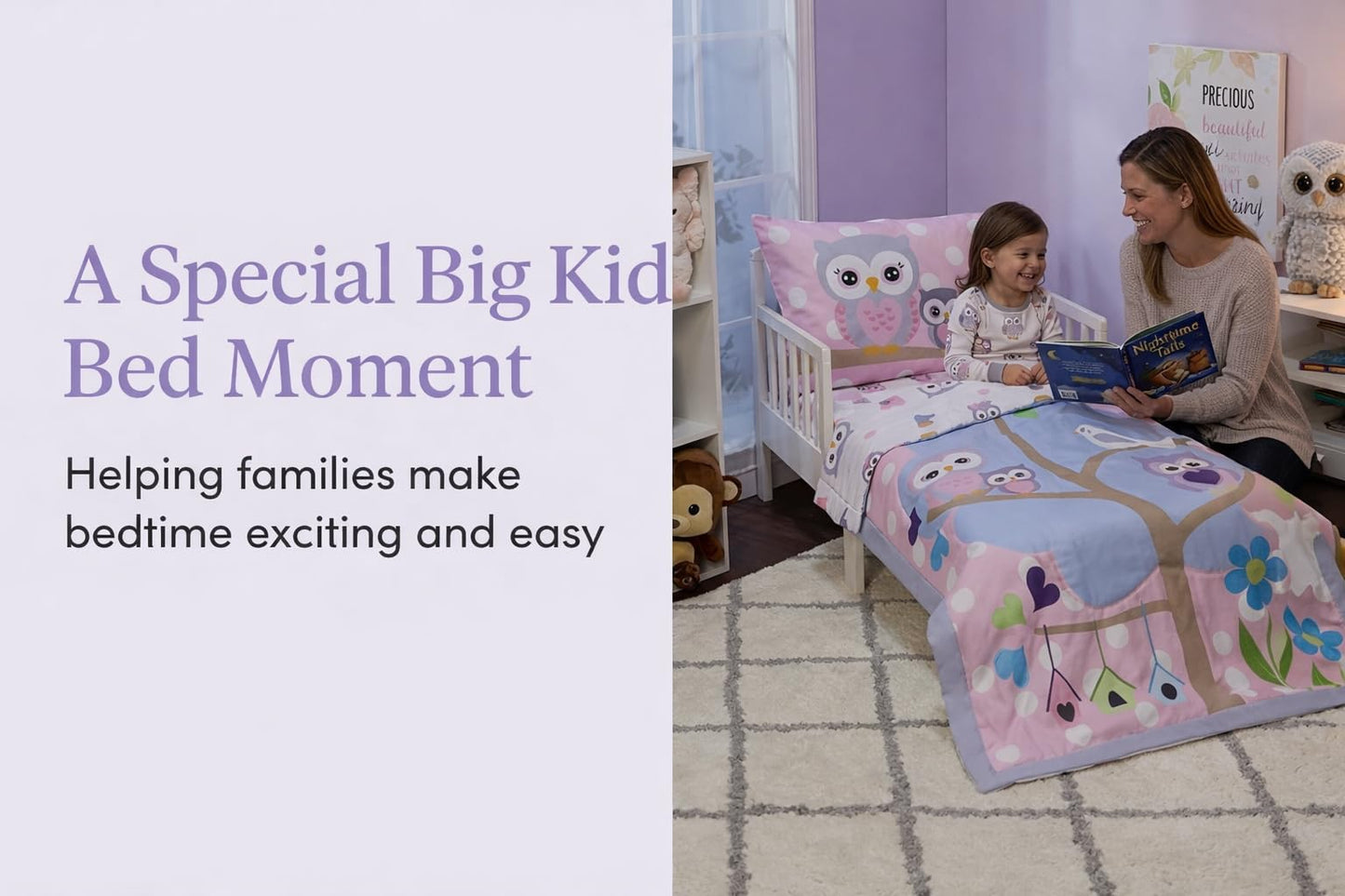 EVERYDAY KIDS 4 Piece Toddler Bedding Set - Owls - Soft 100% Cotton Percale - Includes Comforter, Flat Sheet, Fitted Sheet and Reversible Pillowcase