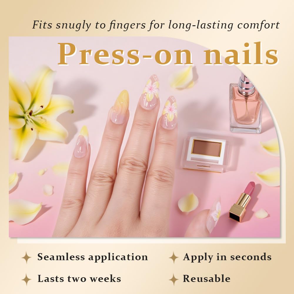 Nude French Press on Fake Nails Medium Short Oval with 3D Flower Design, False Summer Nail Reusable Press ons Artificial Manicure for Women Girls, Perfect Fit Stick on Nail Glossy Finish, 24Pcs