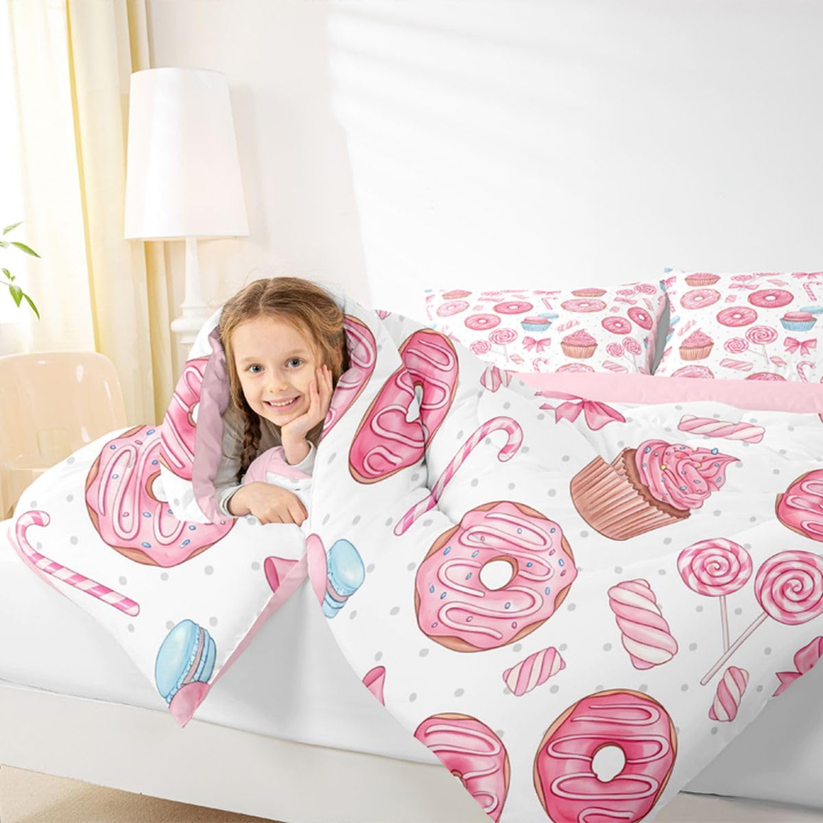 Manfei Pink Doughnut Bows Comforter Set 2Pcs Cartoon Lollipop Candy Twin Size Bedding Set Dreamy Girly Dessert Duvet Insert for Kids Girls Adult Room Decor(1 Comforter,1 Pillowcase) Chocolate Donut