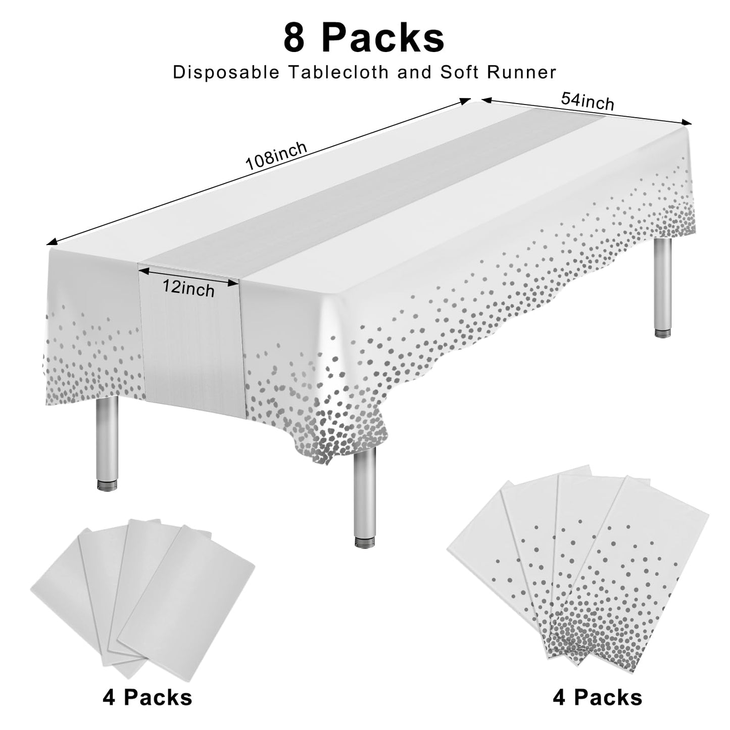 8 Packs Plastic Table Cloth Rectangle Table Disposable and Satin Table Runner, White and Silver Tablecloth Table Runner Cover for Baby Shower Birthday Wedding Anniversary Engagement Party Decorations