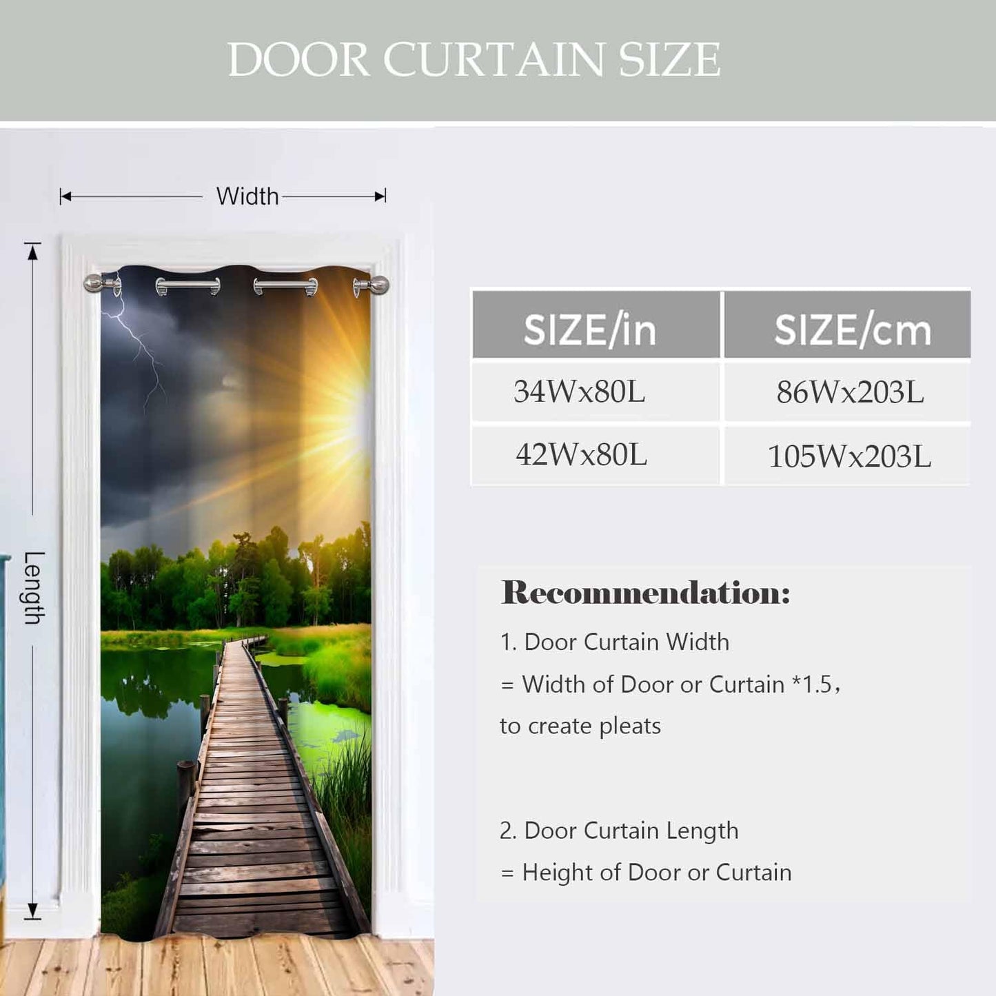 Haciadan Wooden Bridge Sliding Door Curtain River Sunset Green Grass Doorway Curtain 1 Panel 34" W X 80" L Door Drape for Kitchen Restaurant