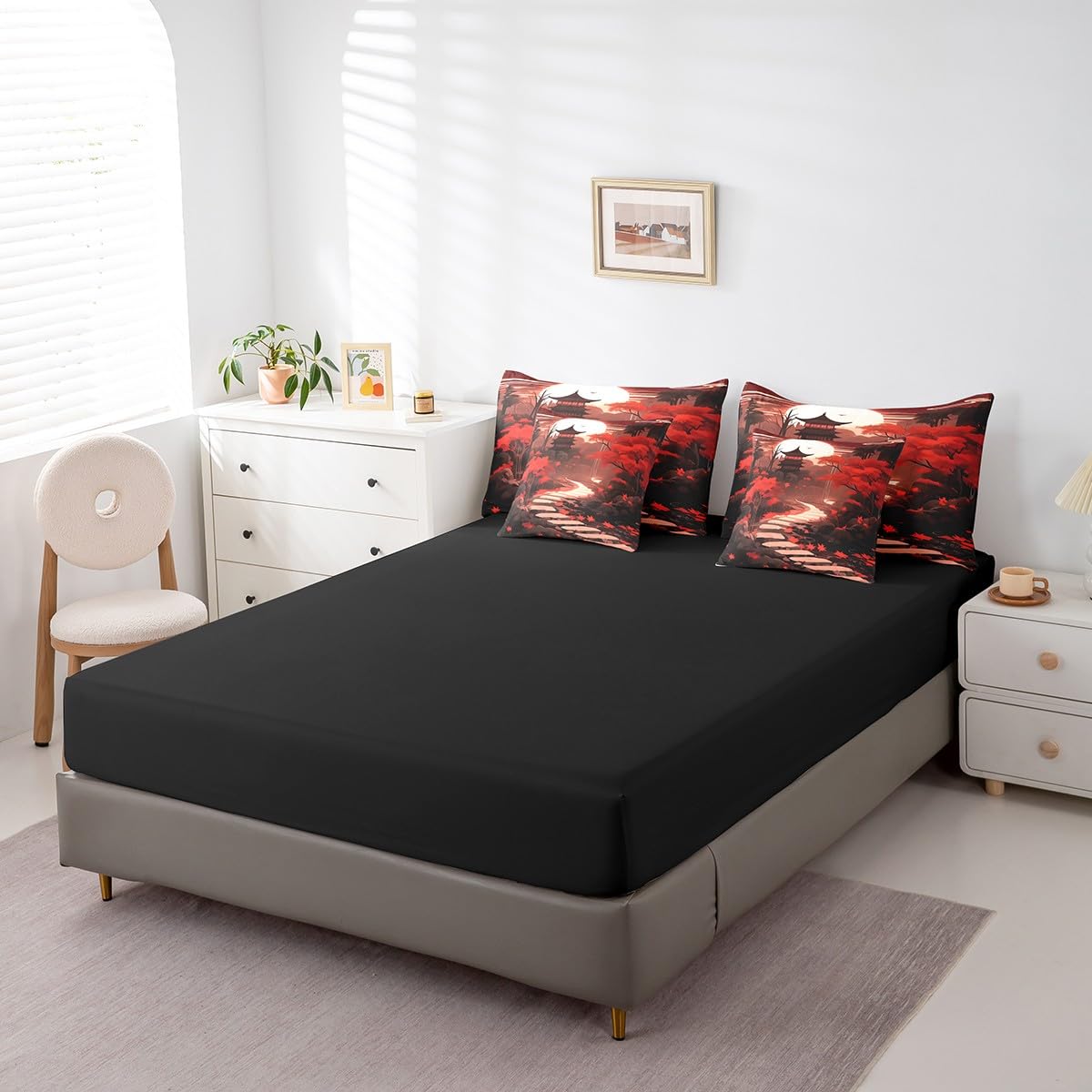 Erosebridal Oriental Theme Queen Comforter Set 7 Piece,Japanese Style Bedding Set with Sheets,Traditional Aesthetic Bed Set Red and Black Bed in a Bag with Fitted Sheet+Flat Sheet,Pillowcases
