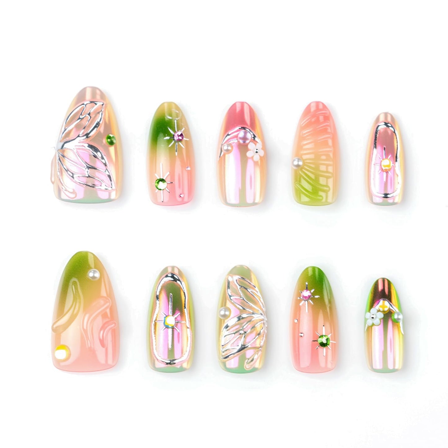 30Pcs Gradient Pink Glitter Green Smudge Press on Nails Medium Almond Fake Nails with 3D Rhinestone Design Butterfly Flower False Nails Full Cover Star Chrome Silver Acrylic Stick on Nails for Women