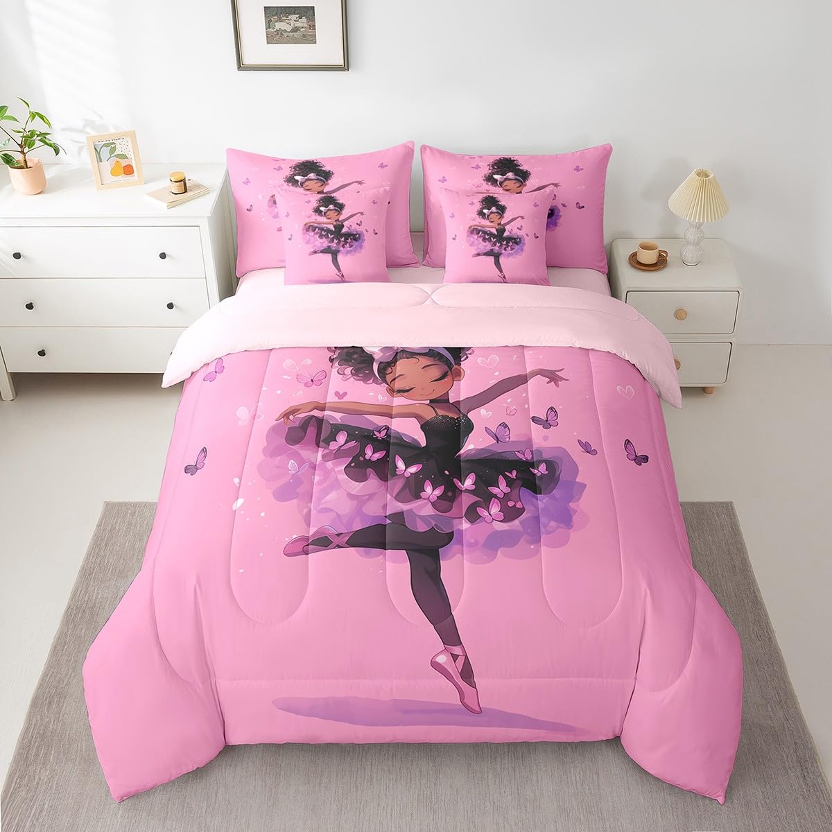 jejeloiu Kids Black American Girls Comforter Set 7 Pieces Full Size Ballet Butterfly Bedding Set for Boys Girls Princess Bed Set Bed in a Bag with Comforter, Sheets, Pillowcases & Cushion Covers