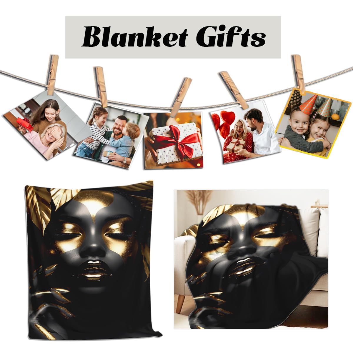 HUNXIAOJ African American Woman Blanket Throw Black Gold Print Flannel Blanket Gifts for Girls Female Women African American Couch Bed Living Room Home Decor 49"x59"