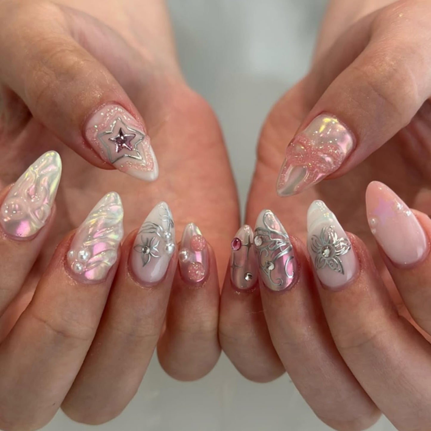IMSOHOT Chrome Press on Nails Medium Almond Fake Nails with Pink Star Bow Designs Glossy Gel Handmade Acrylic Nail Supplies Full Cover Cute Artificial Glitter Stick on Nails