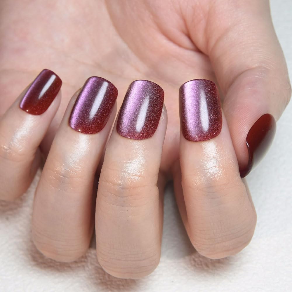 evpct Mauve Cat Eye Extra Short Square No Glue Press on Nails, Petite Short Square Stick on Nails for Women Gift, Glossy Holographic Fake Nails Reusable Press on Acrylic Fake Nail with Designs
